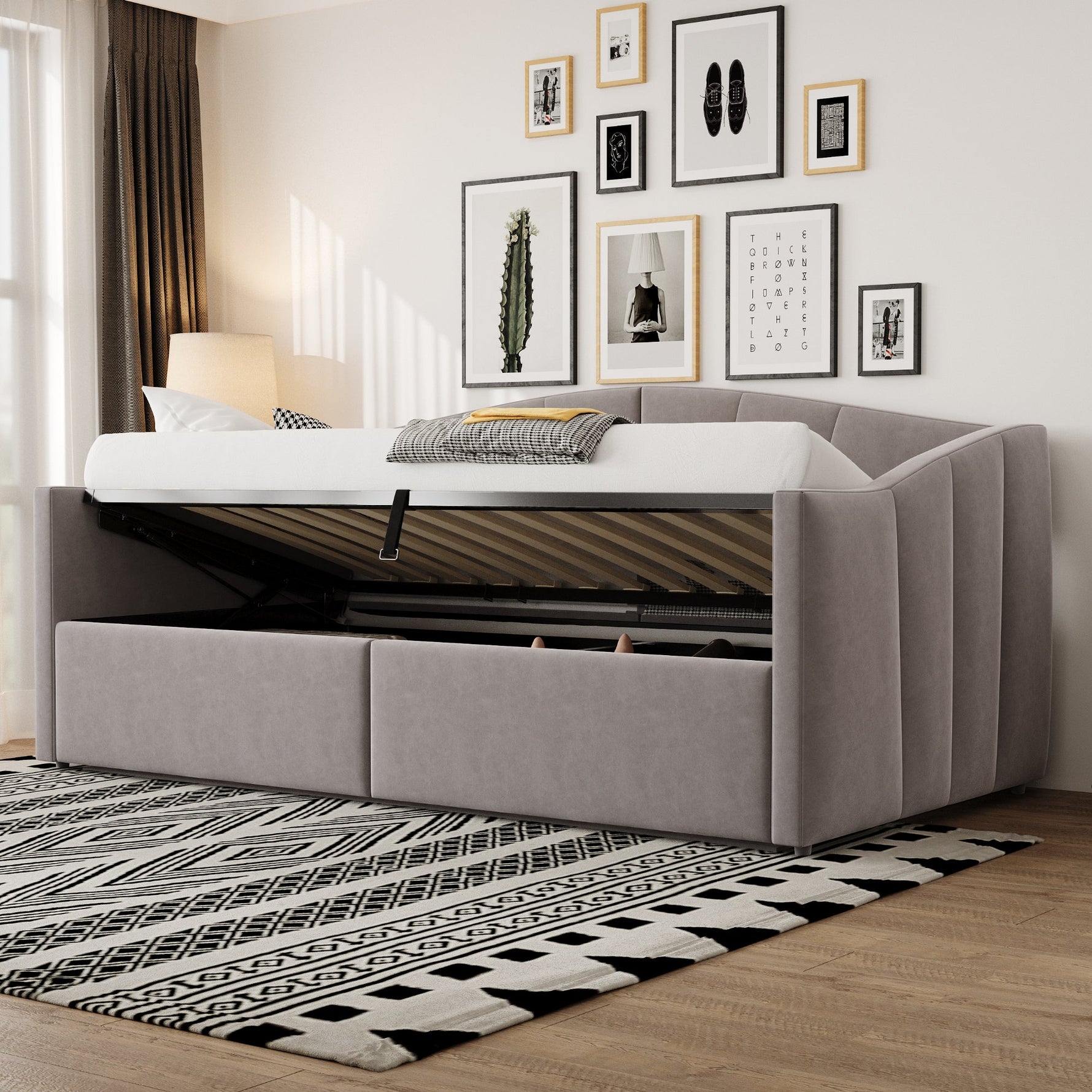 Upholstered Sofa Bed 90x200cm Hydraulic Storage Multifunctional Striped with Armrests Velvet Light Grey