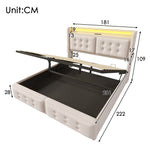 Upholstered Double Bed 180x200cm, Hydraulic Storage, LED Headboard and USB-C Charging, Beige Cotton
