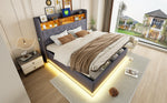 LED upholstered bed with USB and hydraulic storage, linen grey