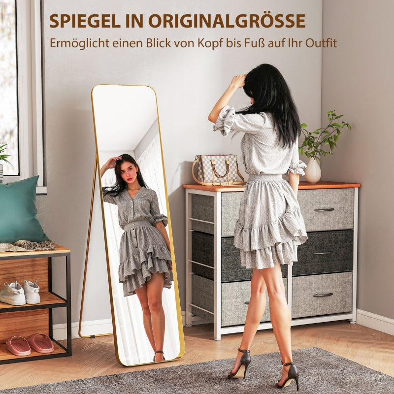 Full Length Mirror, 160 x 40 cm, Standing, Metal Frame, Gold