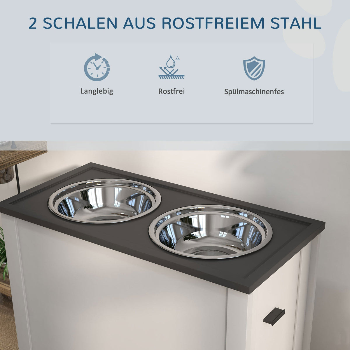 Dog Bowl, Feeding Station with Storage, 2L Stainless Steel Bowls, White
