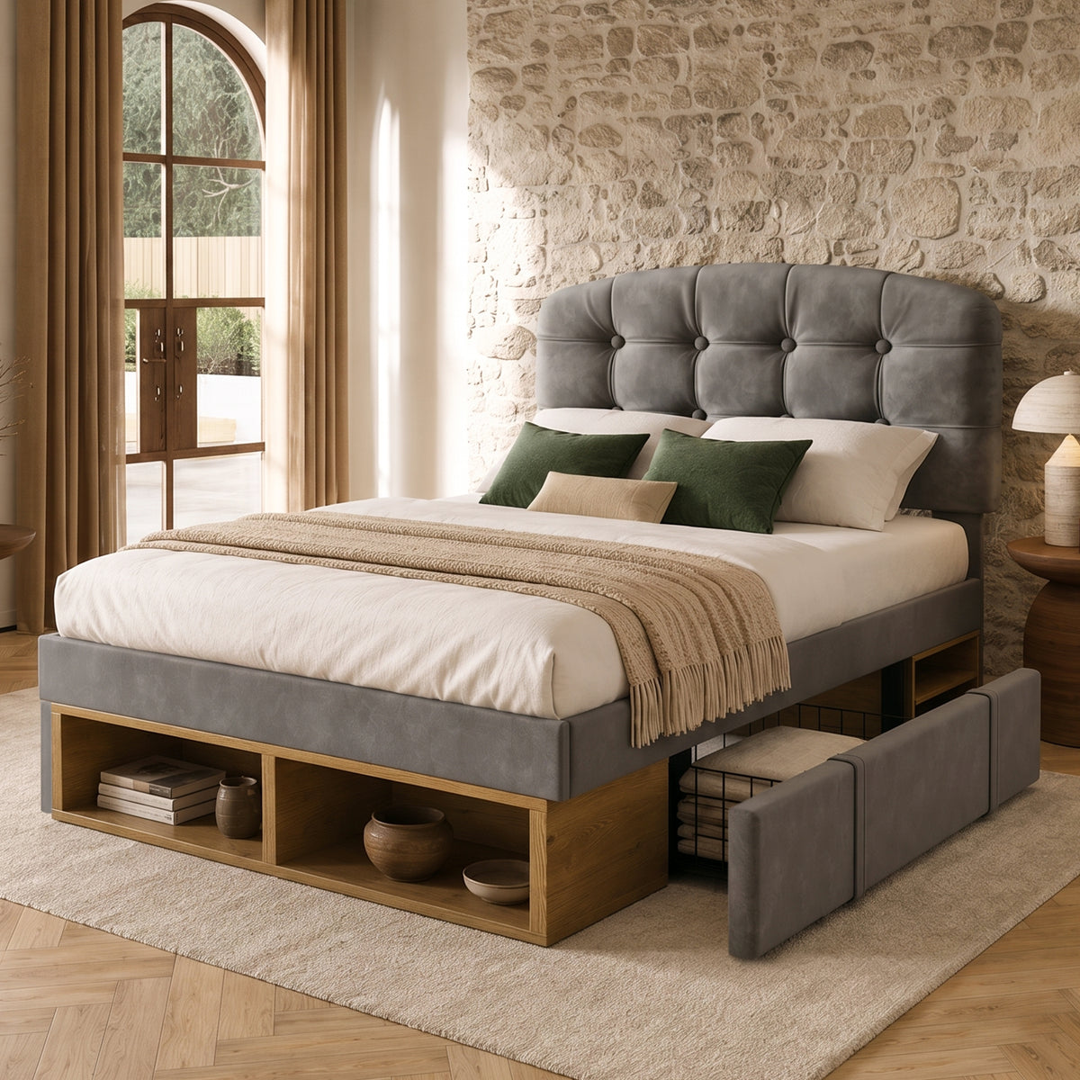 Single Upholstered Bed 90x200 with Drawers, Grey Velvet