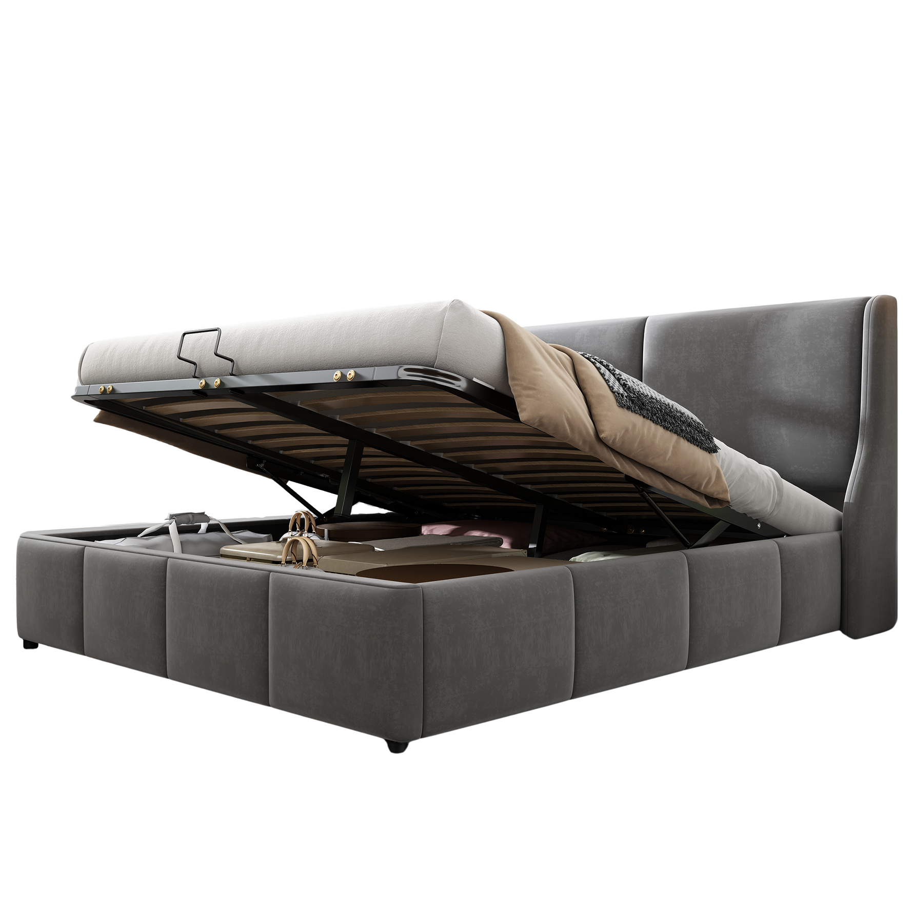 Upholstered Double Bed 180x200 Hydraulic Storage Ear-Shape Headboard - Grey