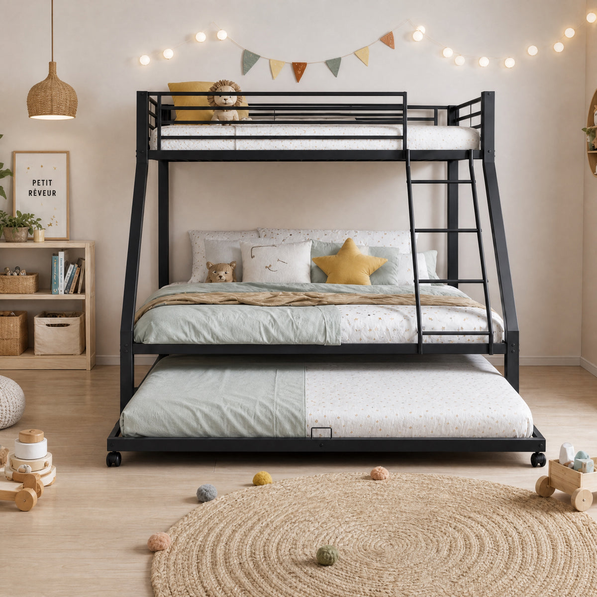 Metal Bunk Bed with Pull-Out Bed, 3 Sleeping Places, Black