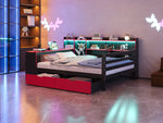 Wooden Sofa Bed with Desk, Bookshelf, Storage and LED, 140x200cm, Black and Red Wood