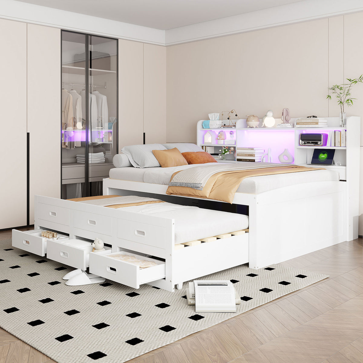 Sofa Bed 140x200cm with LED Lights & 3 Drawers, White
