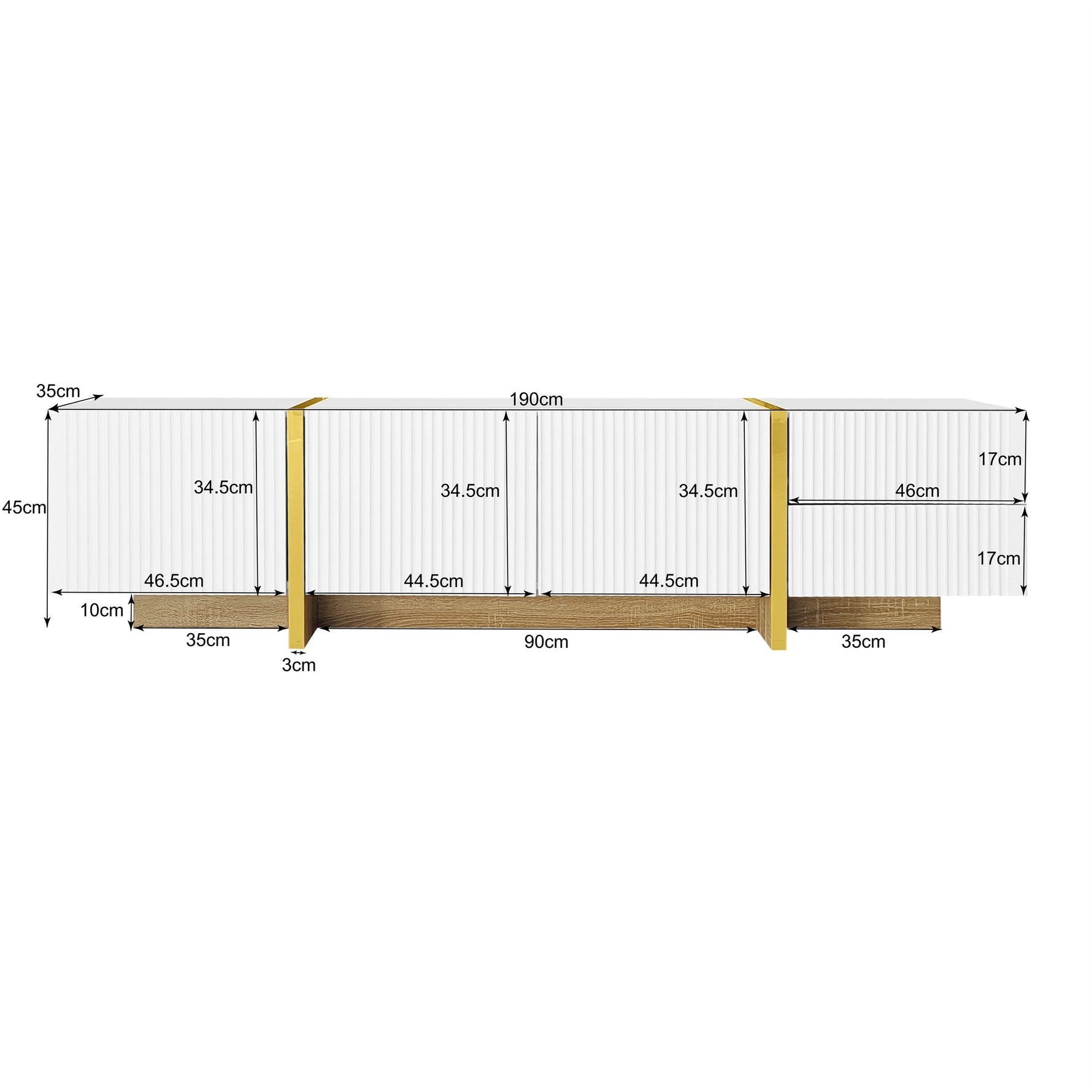 TV Cabinet, 190cm 3 Doors 2 Drawers, White with Gold & Wood Grain