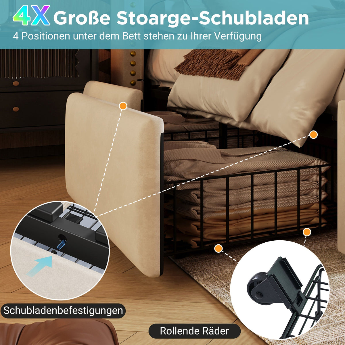 Upholstered Bed 180x200cm with 4 Drawers, LED Lighting and USB-C, Beige Velvet