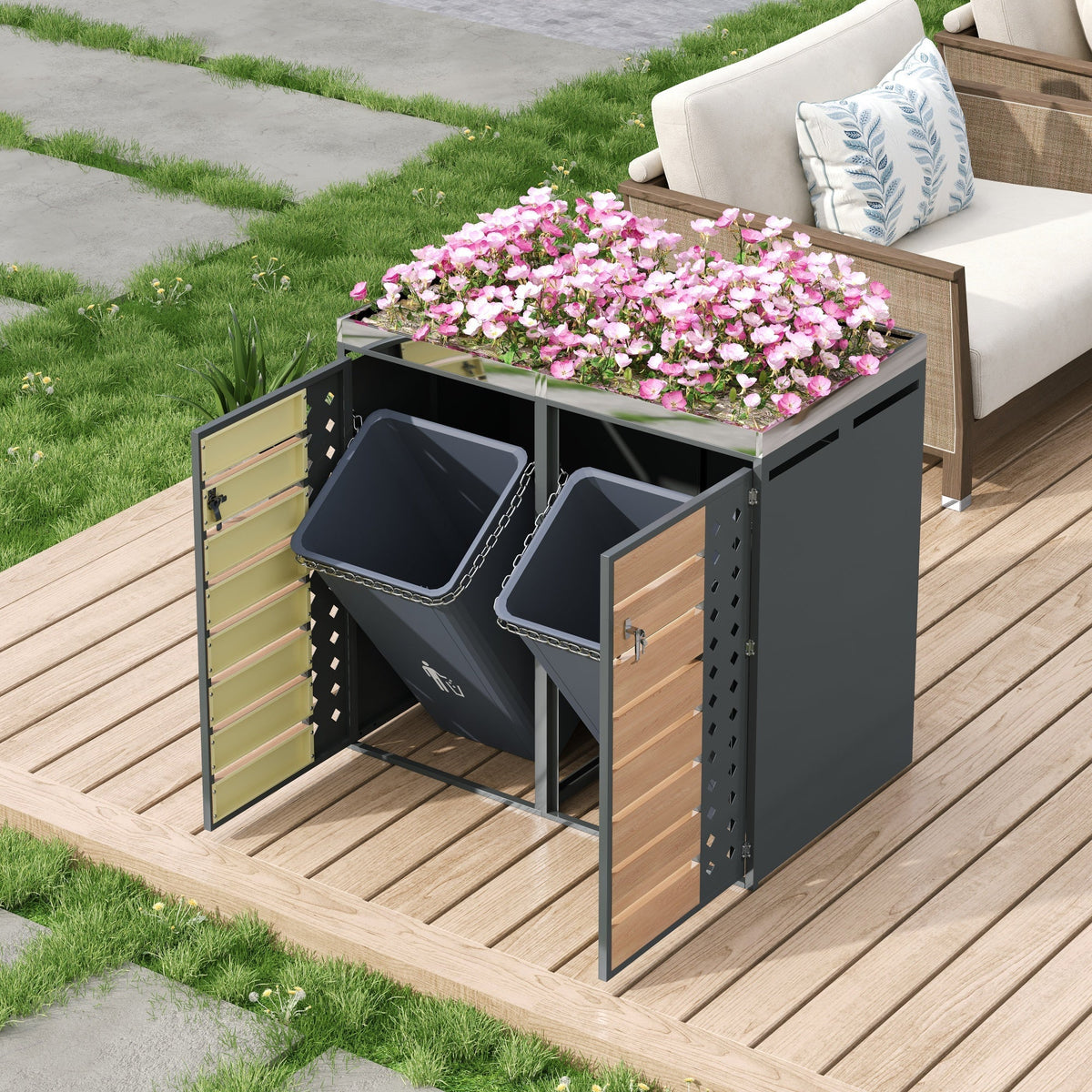Garbage Can Enclosure with Planting Area and Lockable Dual Doors, Horizontal Wood Grain Panels