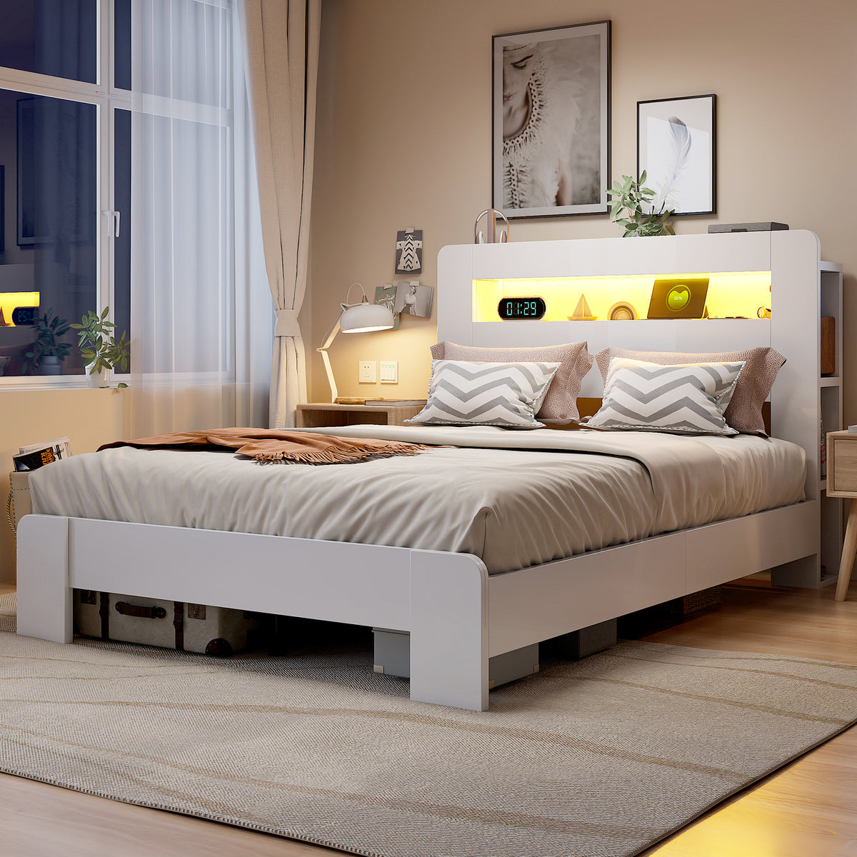 Wooden Bed Frame with Storage Headboard & LED, 140x200 cm, White