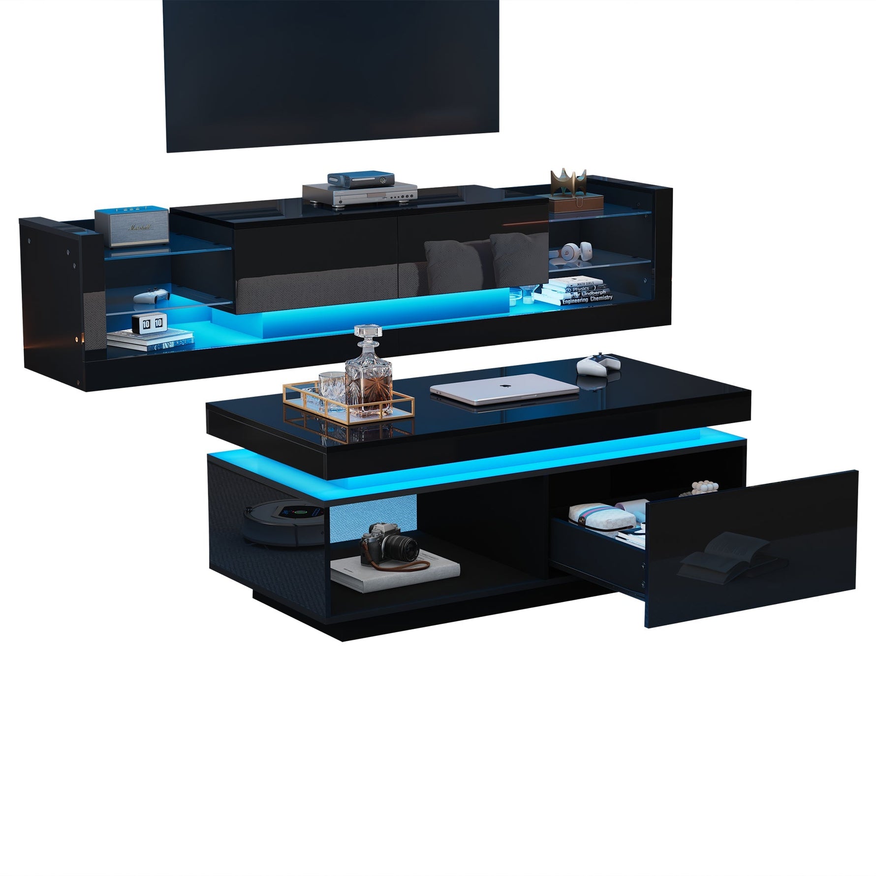 TV Wall Unit Set, Cabinet Coffee Table High-Gloss LED Lights, Black