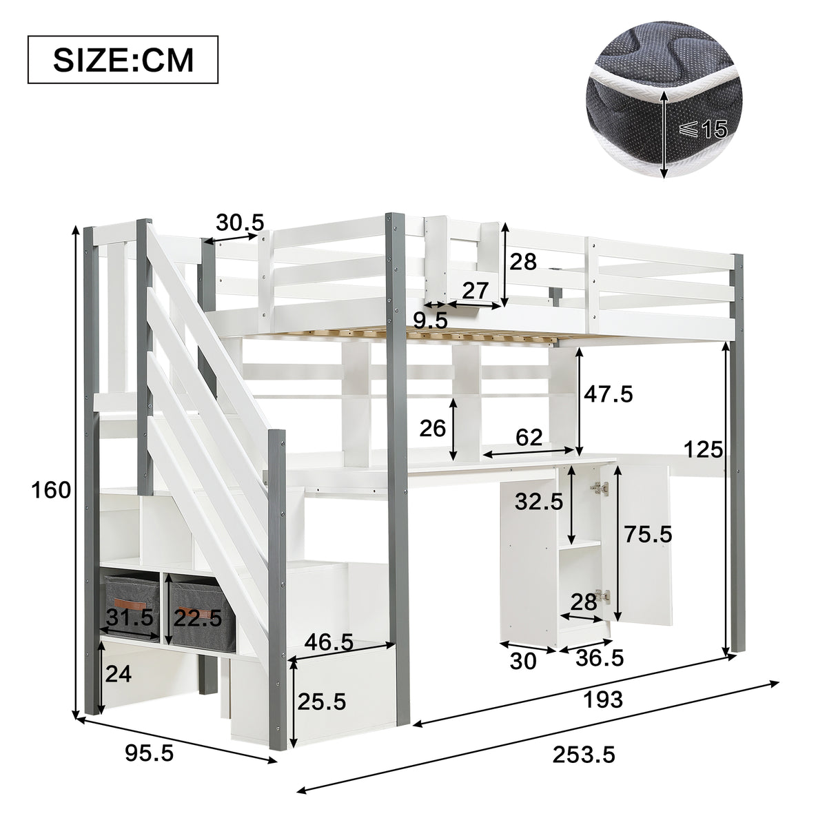Mid-Height Bed 90x200cm with Desk, Storage & Ladder, White & Grey