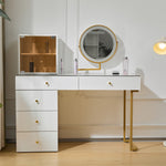 Dressing table set with LED-illuminated mirror, transparent tempered glass tabletop, side cabinet, white