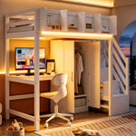 Multifunctional Loft Bed 90x200cm with Desk & Wardrobe, White