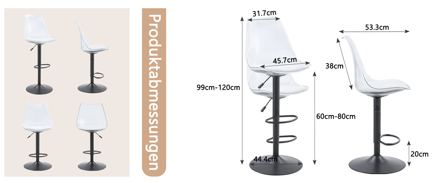 Bar Stool Set of 2 Adjustable Swivel PU Leather Transparent Back - Black Metal/PU