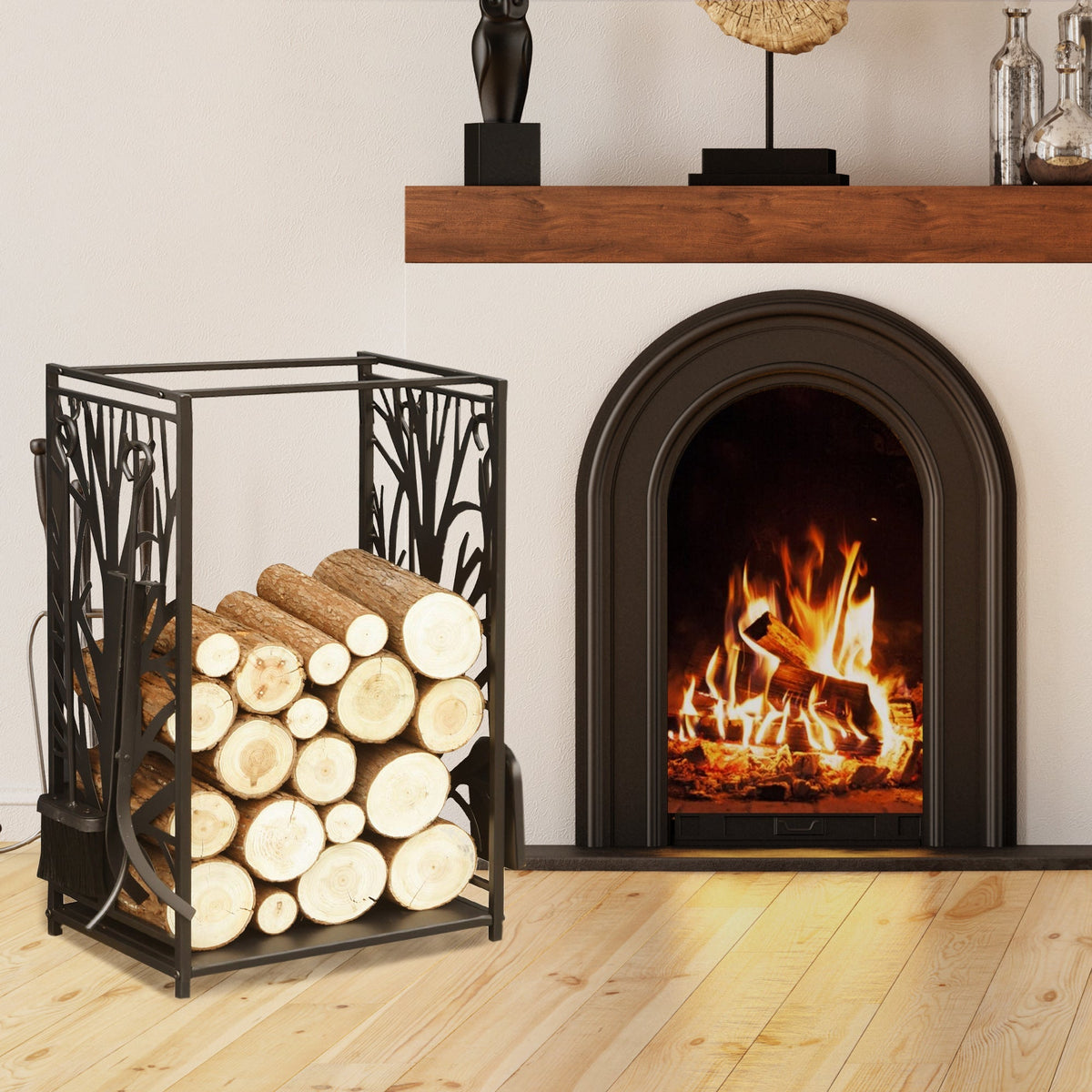 Firewood Rack with Tools, Steel, Black