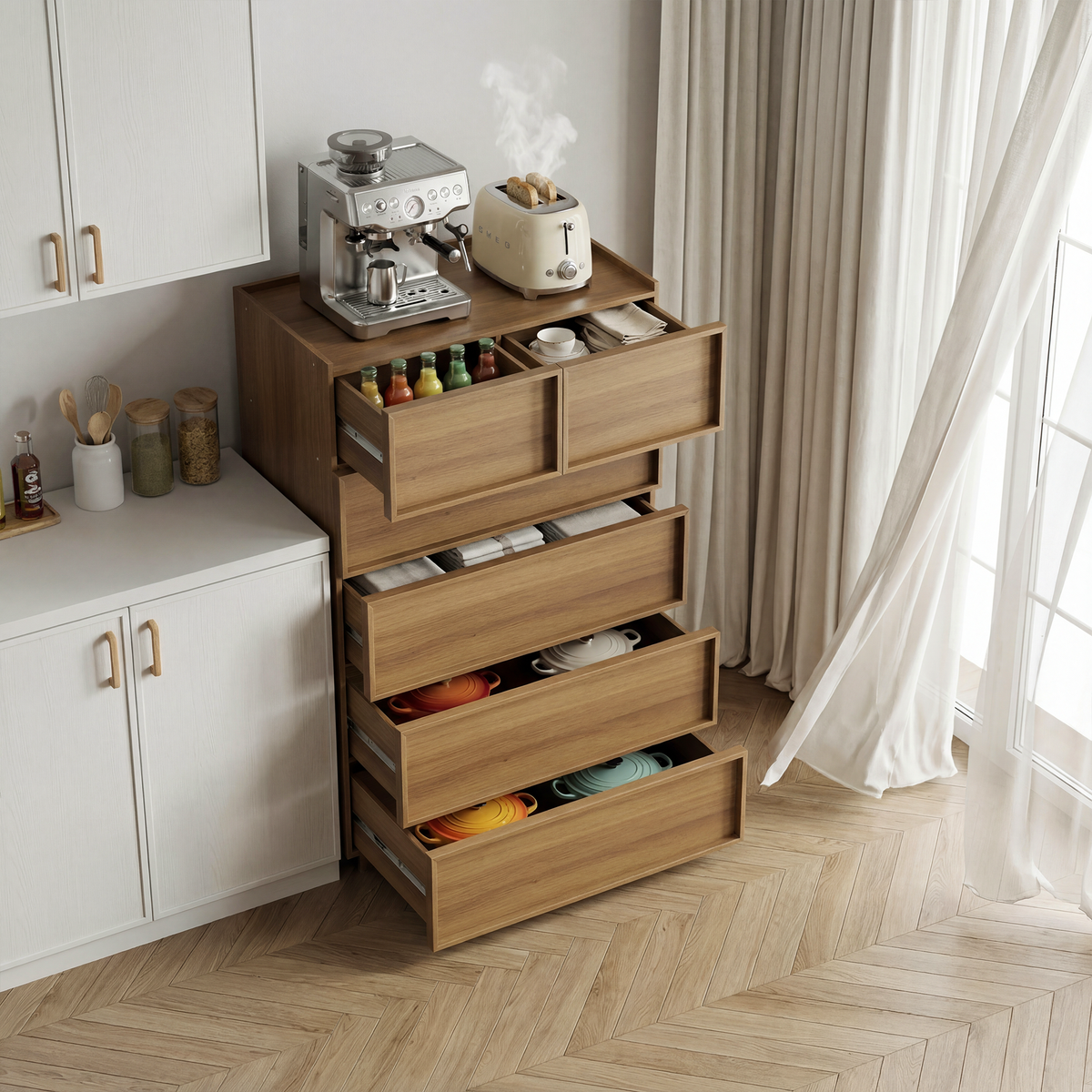 Chest of Drawers with 6 Drawers and Dressing Table, 80x48x127cm, Oak Color Wood