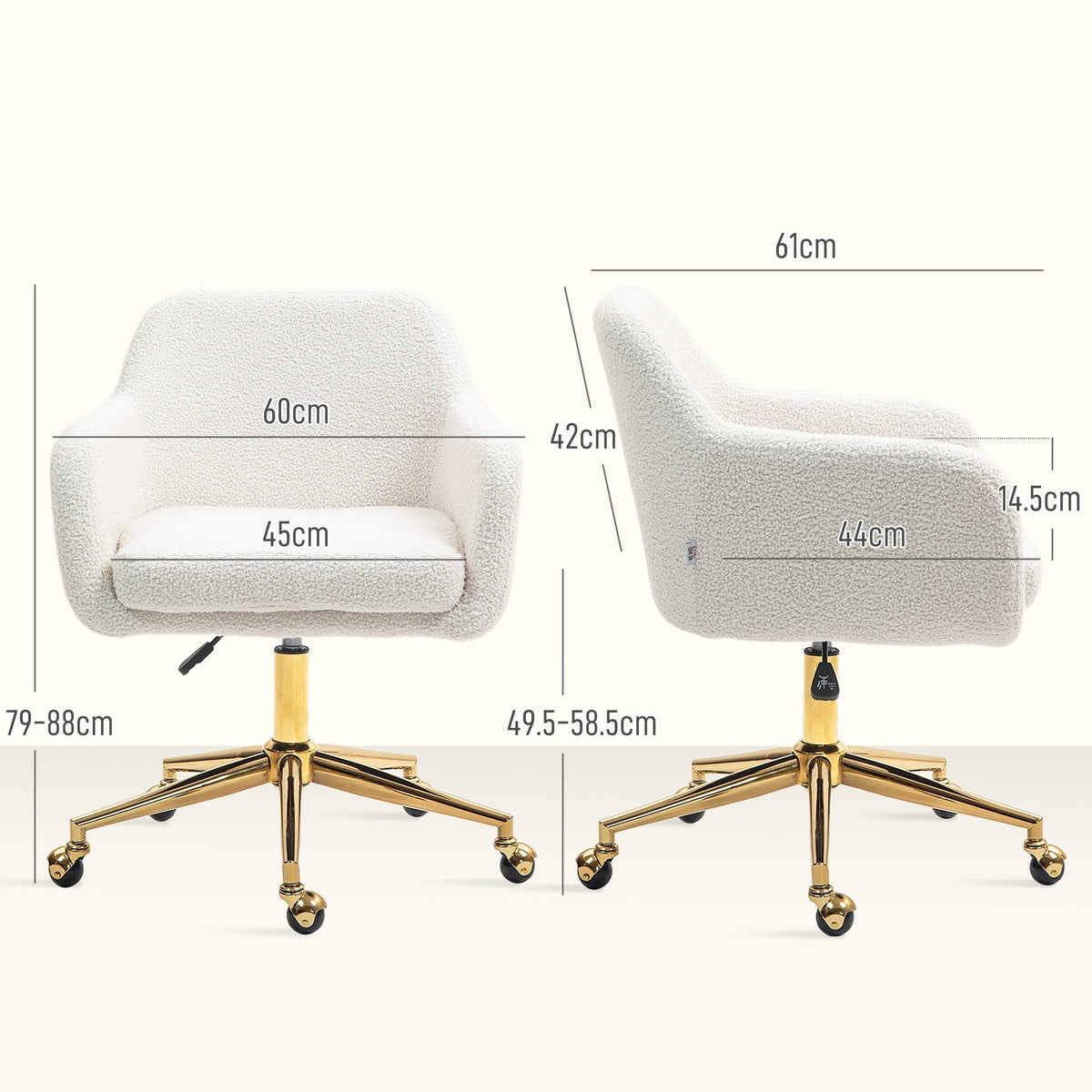 Office Chair, Height-Adjustable Swivel Recliner Steel Frame, Cream White Velvet