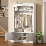 Entryway Cabinet Coat Rack Shoe Bench Storage Adjustable Shelves, White