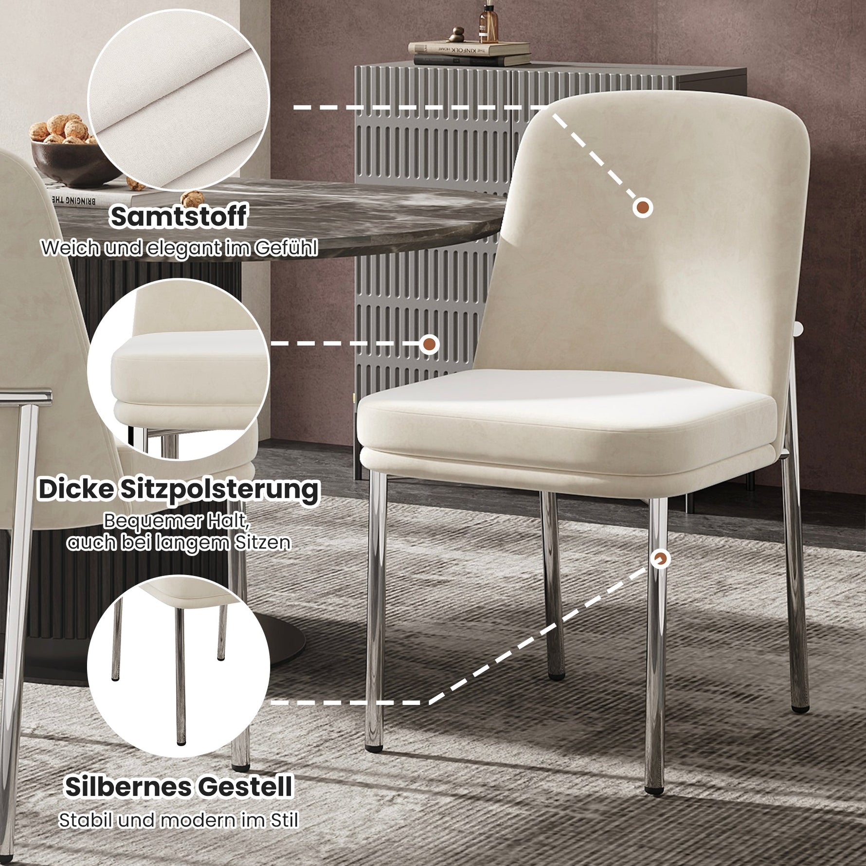 Dining Chairs Set of 2 Thickened Cushion Modern Metal Legs - Beige Velvet