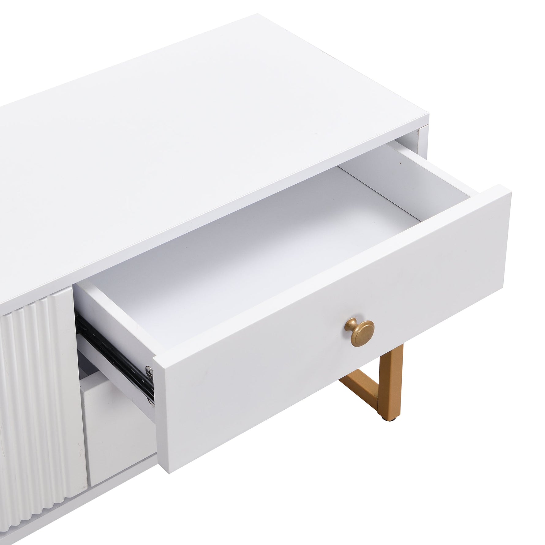 TV Cabinet, Low Panel with Textured Door & Drawers, Gold Handles & Feet