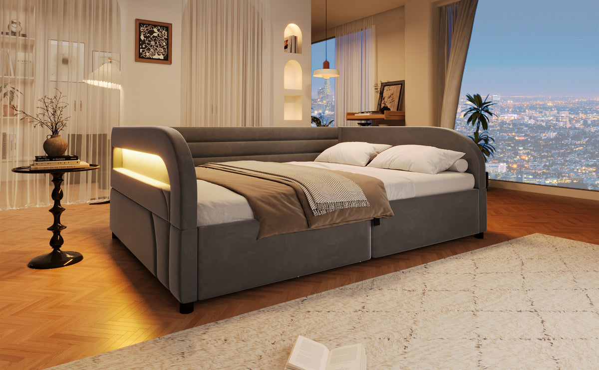 Upholstered Platform Bed 140x200 with Hydraulic Storage & LED, Grey