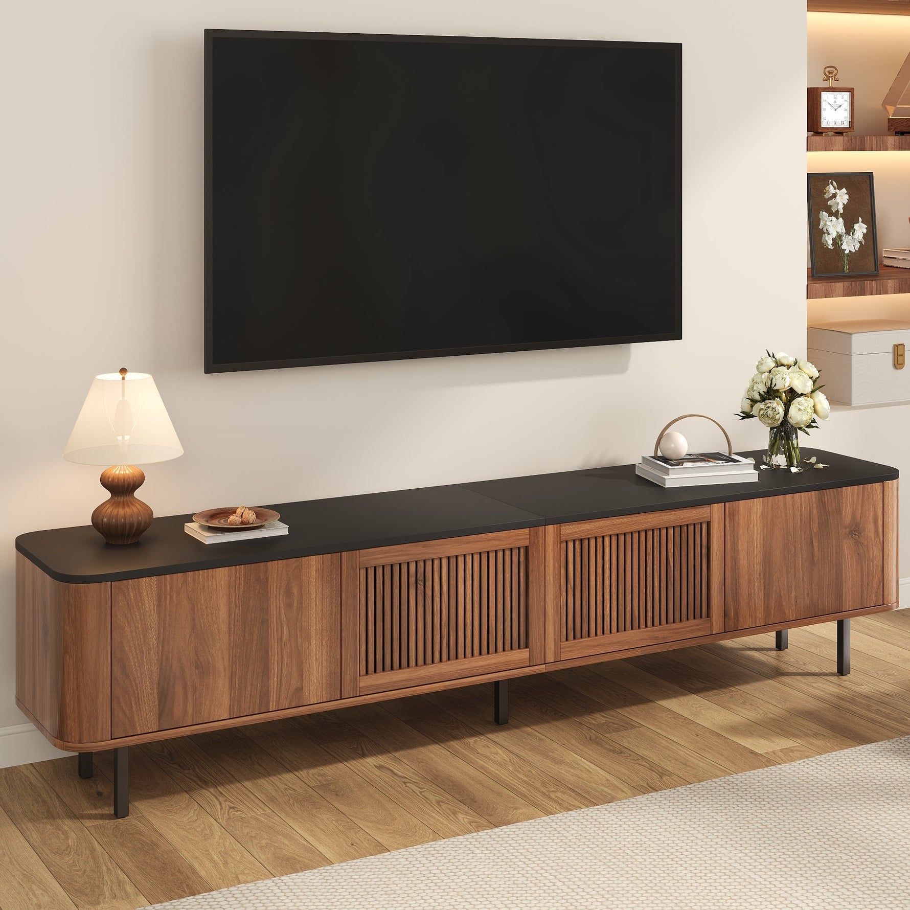 Modern TV Cabinet with Gitter Doors and Storage, Black and Walnut Wood