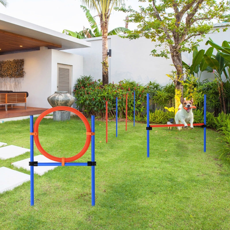 Dog Agility Set, 3 in 1, Slalom Hurdle Jumping Ring, Blue+Red