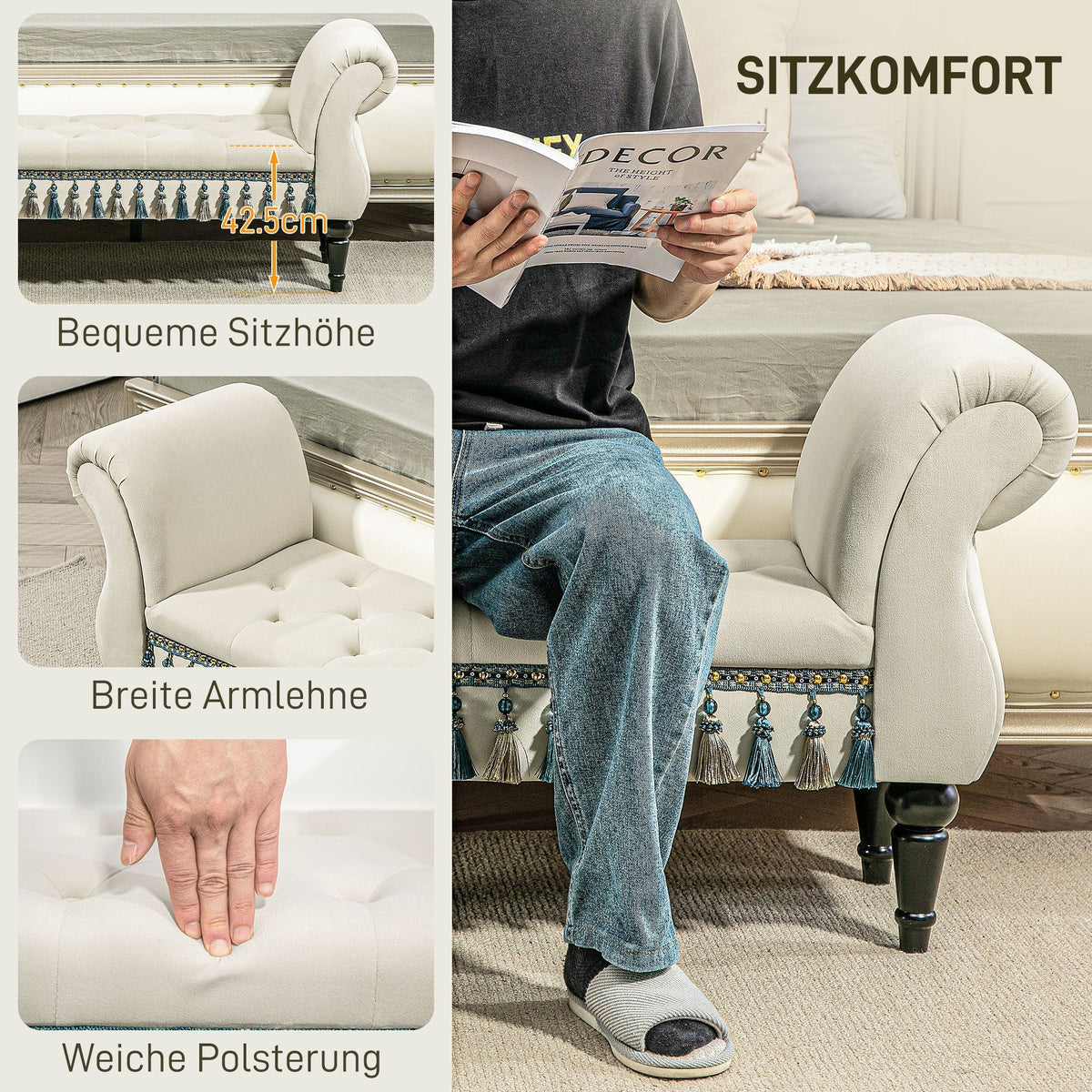 Upholstered Bench with Armrests, Vintage Design, Beige Velvet