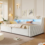 90x200 Platform Bed with Hydraulic Storage & LED, Beige Velvet