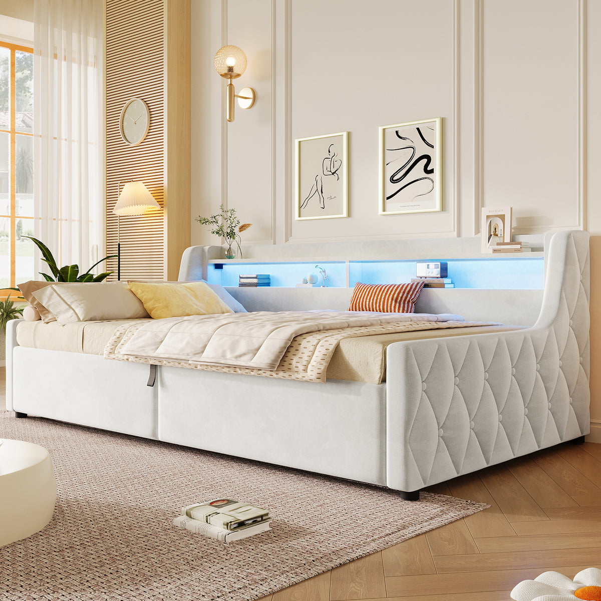 90x200 Platform Bed with Hydraulic Storage & LED, Beige Velvet