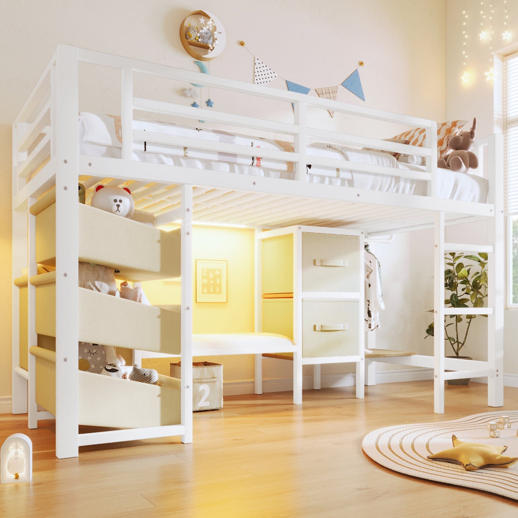 Mid-Height Bed with Storage Drawer and LED Lighting, 90x200 cm, Metal, White