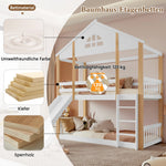 Bunk Bed with Slide & Ladder, House Bed with Fences, Solid Wood, White+Natural, 90x200cm