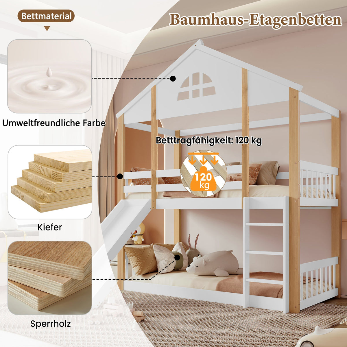 Bunk Bed with Slide & Ladder, House Bed with Fences, Solid Wood, White+Natural, 90x200cm