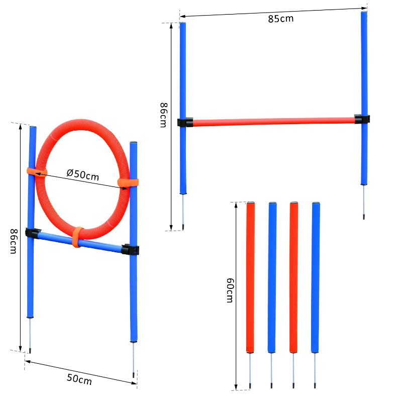 Dog Agility Set, 3 in 1, Slalom Hurdle Jumping Ring, Blue+Red