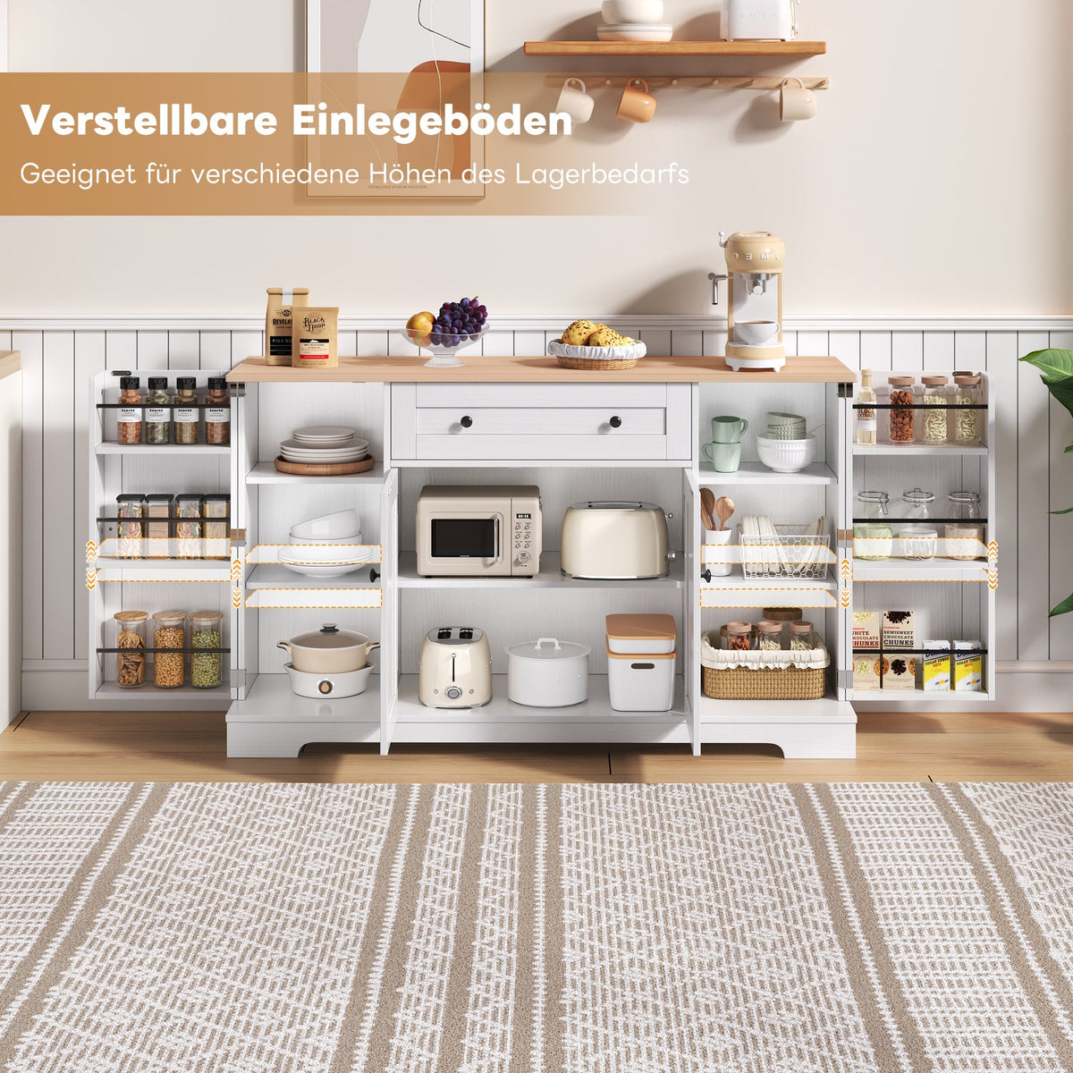 Multifunctional Kitchen Buffet 138cm Drawer Adjustable Shelves
