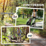 2-in-1 Bicycle Trailer, 2 Children, Push-along, Rain Cover, Brake, Green