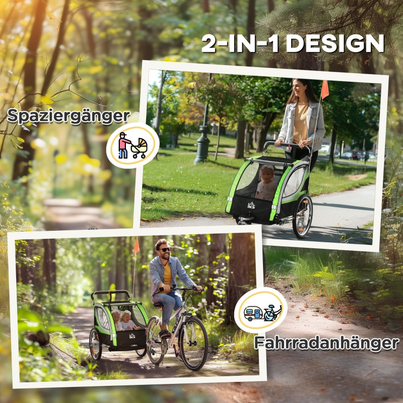 2-in-1 Bicycle Trailer, 2 Children, Push-along, Rain Cover, Brake, Green