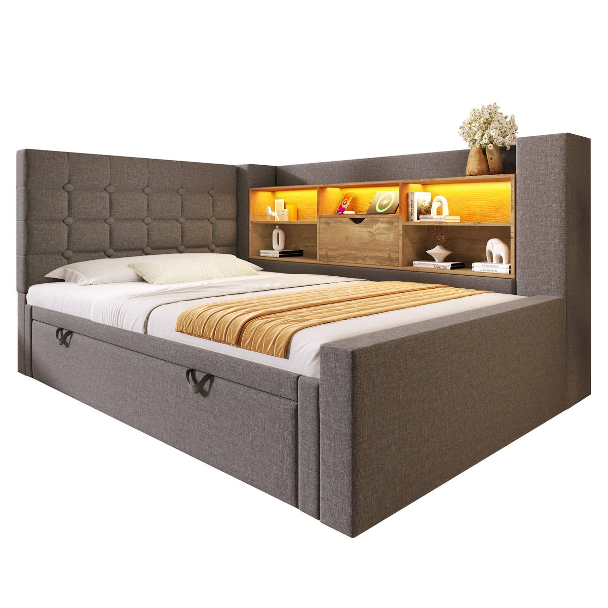Upholstered Bed with Pull-Out Bed and LED Storage Headboard, Grey Linen