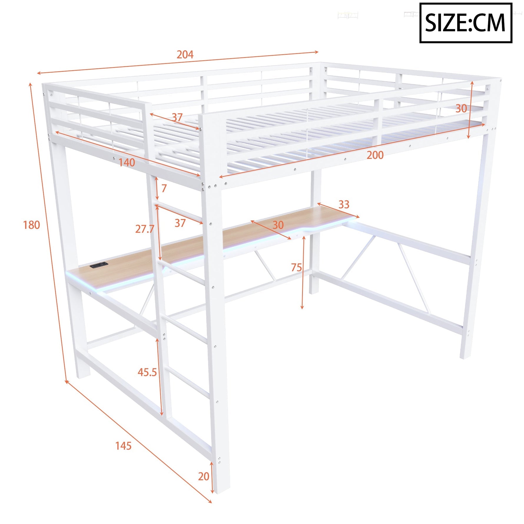 Gaming Metal Loft Bed Frame with LED Lighting, USB Charging Station and Desk, White