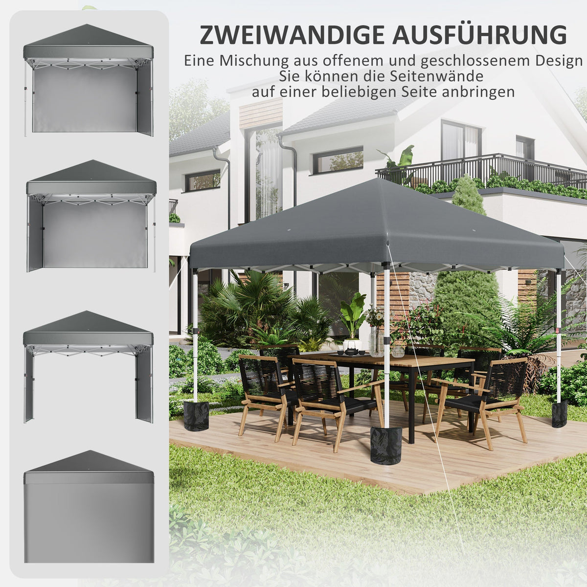 Folding Pavilion 2.97x2.97m with Sidewalls, UV Protection, Sandbag - Dark Grey Steel