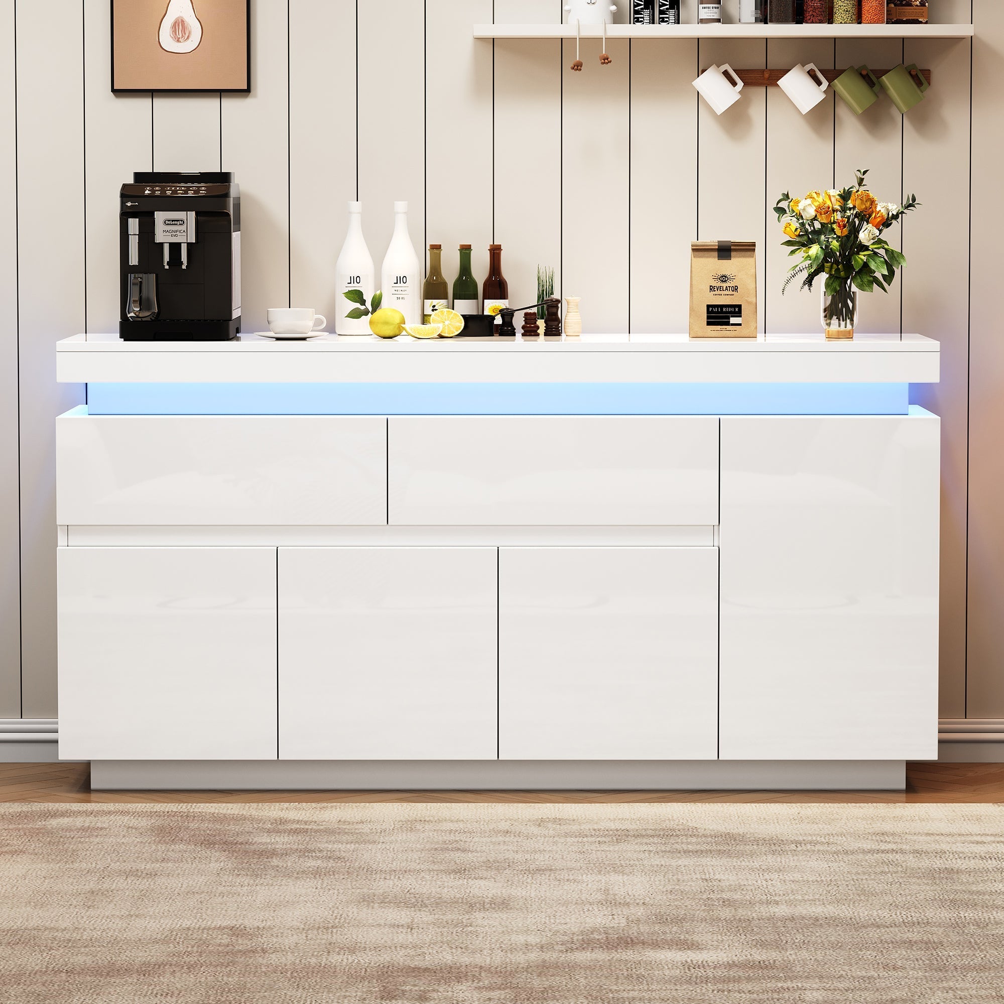 Sideboard 140x35x72.5cm High-Gloss LED 2 Drawers 4 Doors - White