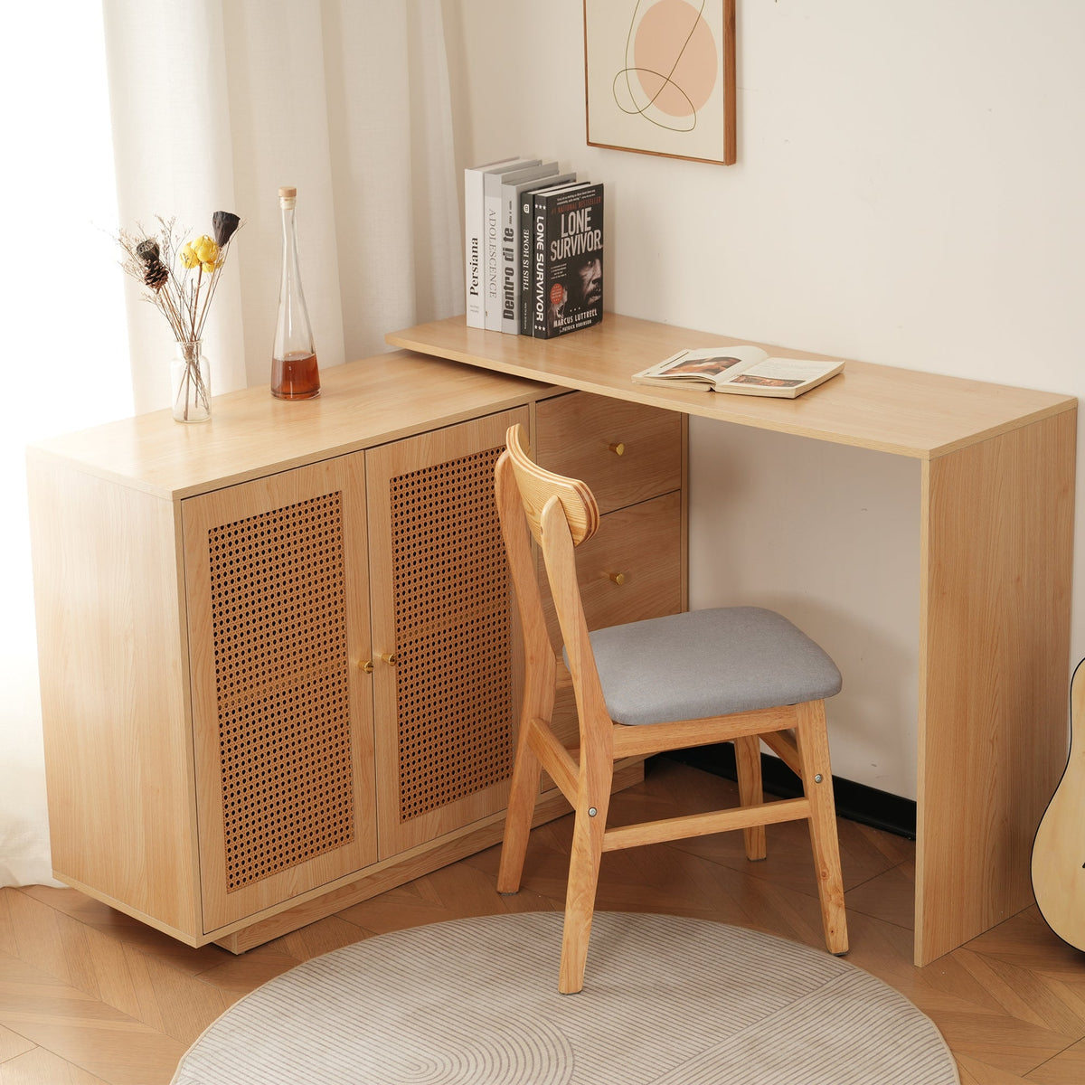 Desk, L-Shaped Corner Computer Table with Rattan Doors, 126 cm White