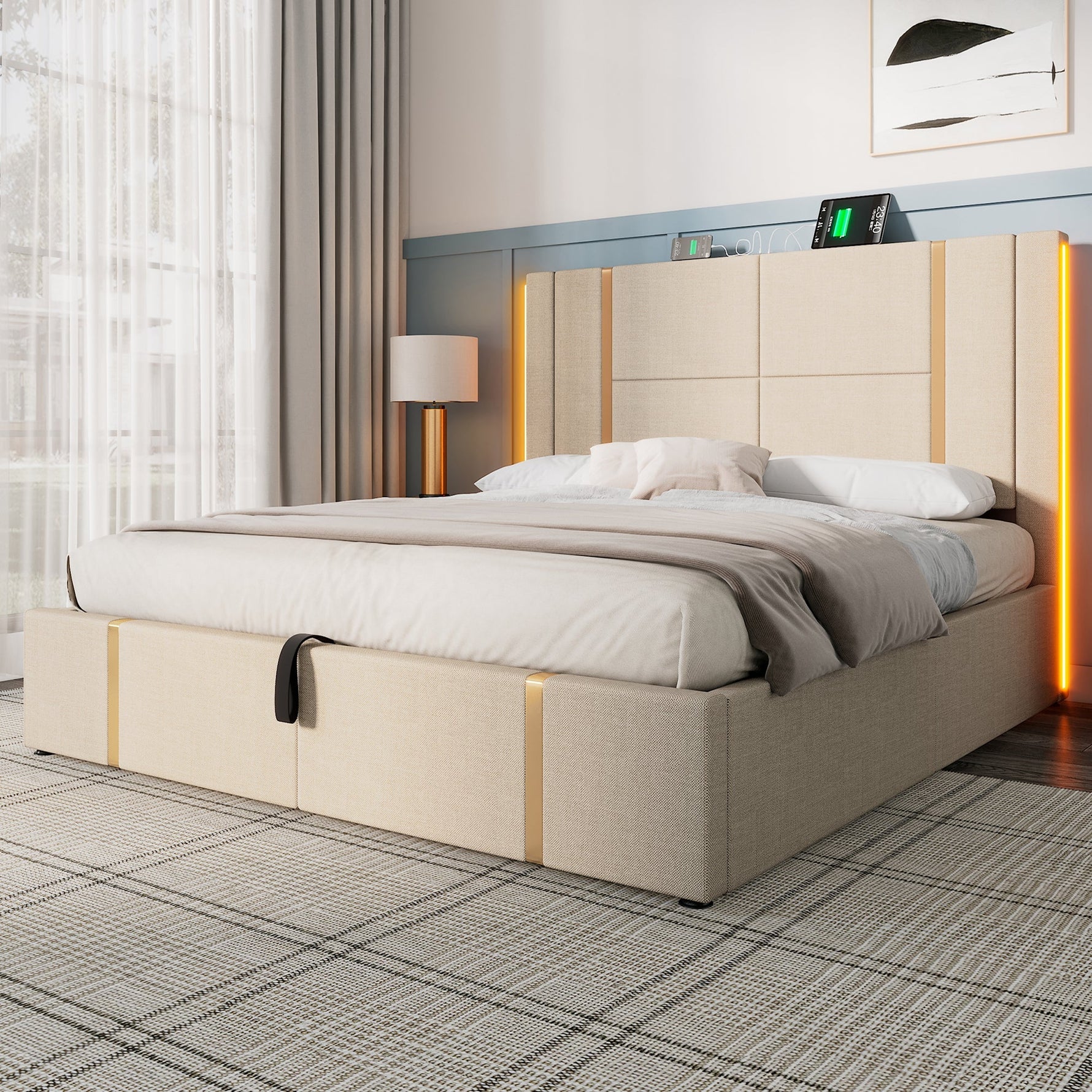 Upholstered Double Bed, USB C LED Storage Frame, Beige Linen