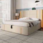 Upholstered Double Bed, USB C, APP Control, LED, Storage, Beige Linen