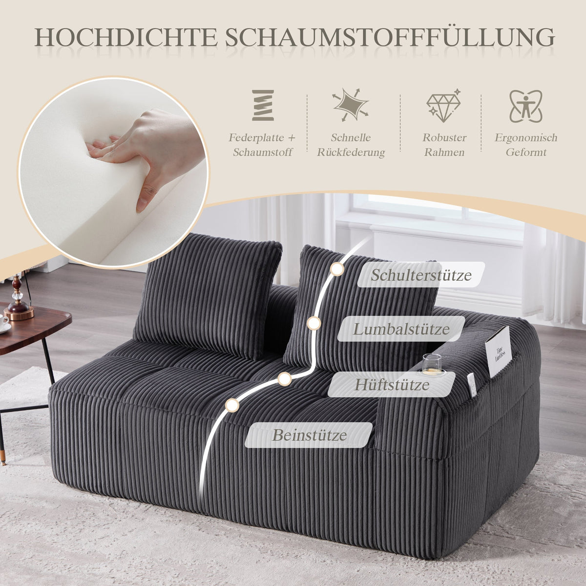 Two-Seater Sofa with Storage Pocket & Drink Holder - Corduroy