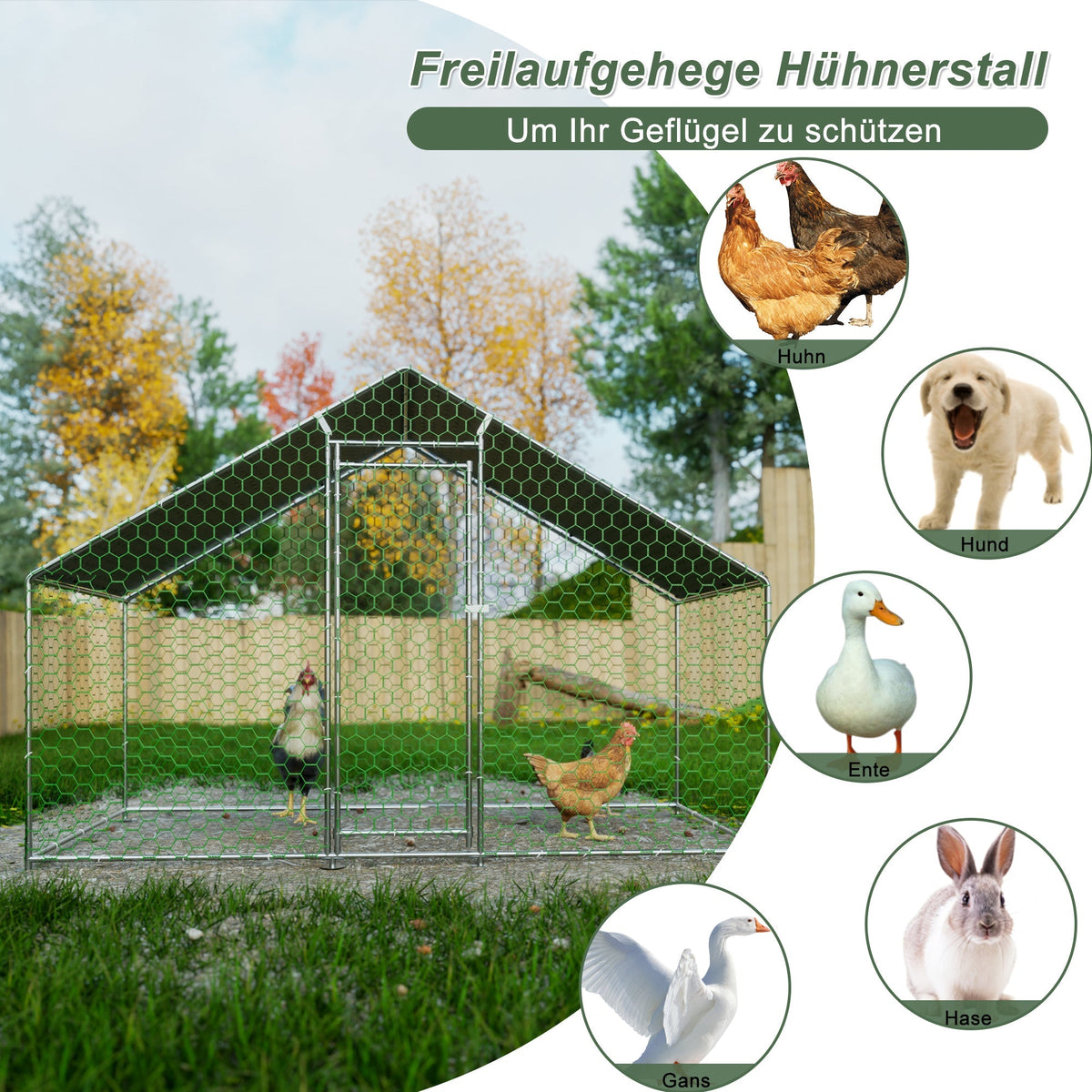 Chicken Coop/Run 3x1.5x2m Safety Lock Waterproof Enclosure, Metal