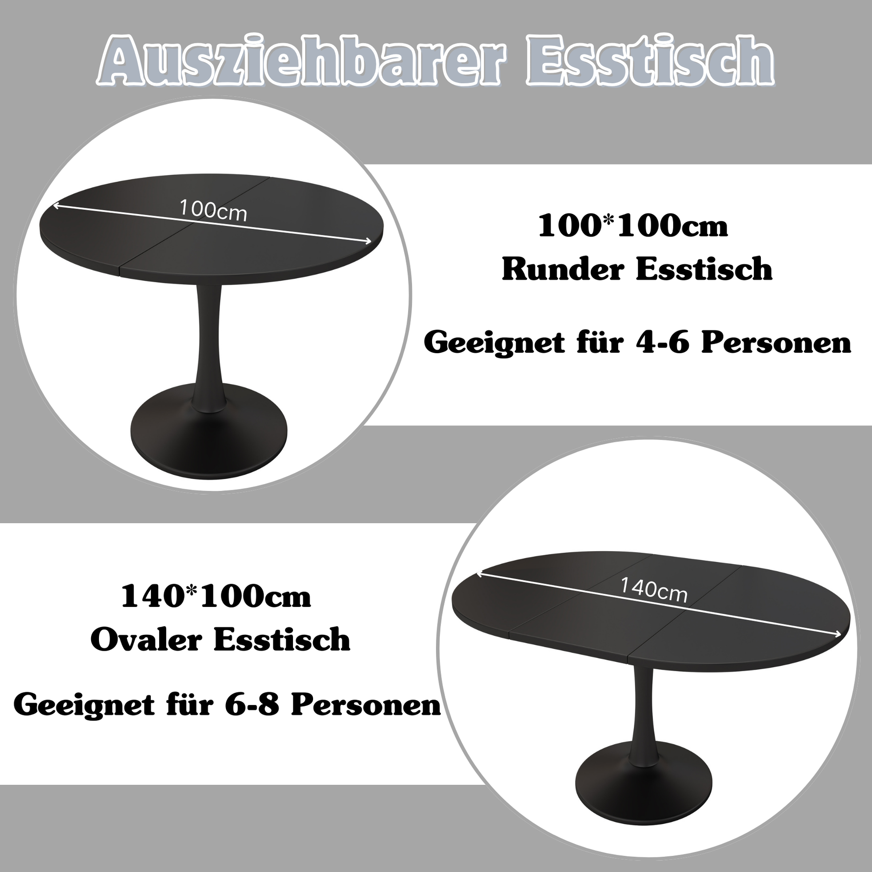 Extendable Oval Dining Table 100/140x100cm Modern - Black