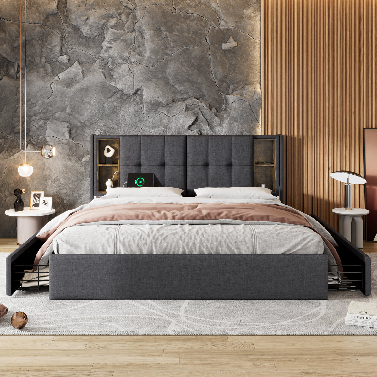 Upholstered Sofa Bed 140x200cm with Storage & LED, Dark Grey Velvet