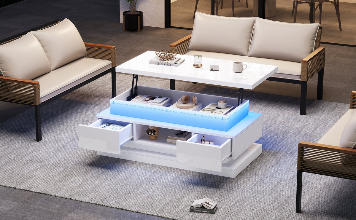 Liftable Coffee Table with 2 Drawers and LED Lighting, White Chipboard